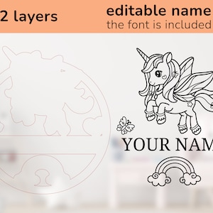 May include: A black and white line art design of a unicorn with wings, a rainbow, clouds, and a butterfly. The text "YOUR NAME" is below the unicorn. This design is for a two-layer craft project.