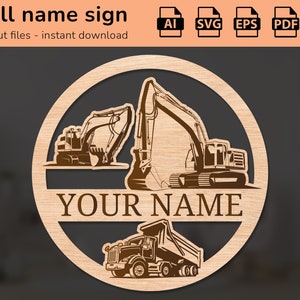 Targa con nome da parete per scuola materna per camion, scavatrice, escavatore | arredamento d'interni | disegno tagliato al laser | per bambini | Ai, EPS, PDF, DXF