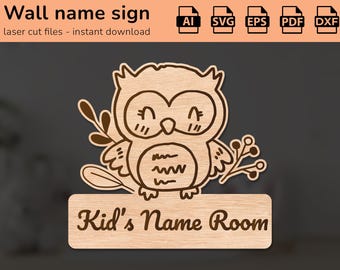 Signo del nombre del animal pájaro búho | decoración de interiores | diseño cortado con láser | para niños | Ai, EPS, PDF, DXF
