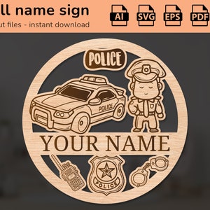 Placa com o nome da parede do berçário da polícia | decoração de interiores | desenho de corte a laser | para crianças | AI, EPS, PDF, DXF