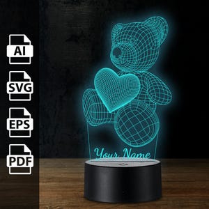Orsetto con cuore lampada 3D personalizzata in acrilico con luce led / file tagliati al laser ai, eps, pdf, svg