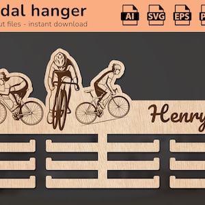 Fietsen fiets fiets sport medaille houder hanger muur award naambordje | interieurdecoratie | lasergesneden ontwerp | voor kinderen | AI, EPS, pdf