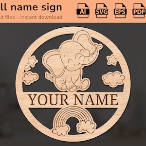 Simpatico cartello con il nome del safari con gli elefanti | arredamento d'interni | disegno tagliato al laser | per bambini | Ai, EPS, PDF, DXF