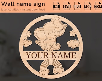 Cute elephant safari name sign | interior decor | laser cut design | for kids | Ai, EPS, PDF, DXF