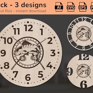 May include: Three laser cut clock designs featuring a fish and fishing rods. The clock faces are round and made of wood. The numbers are in a simple font and the fish is detailed.