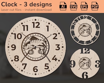 Letrero de pared con reloj con forma de caña de pescar / decoración de interiores / diseño cortado con láser / descarga / Ai, EPS, PDF, DXF