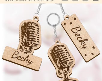 Microphone music singer keychain key ring charm | personalized name sign | laser cut design glowforge | Ai, EPS, PDF, SVG