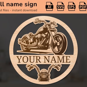 Sinal de nome da parede do berçário do motociclista Chopper | decoração de interiores | desenho de corte a laser | para crianças | AI, EPS, PDF, DXF
