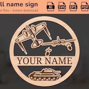 Army airplanes aircrafts flying tank vehicles nursery wall name sign | interior decor | laser cut design | for kids | Ai, EPS, PDF, DXF