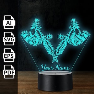 Tattoo-Studio-Maschine personalisierte 3D-Lampe Acryl-LED-Licht | Laserschnittdateien ai, eps, pdf, svg