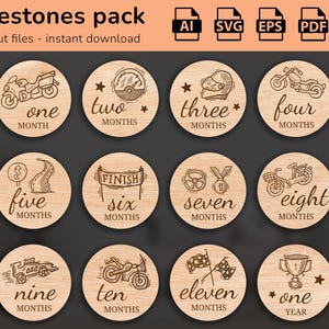 Motos vélos - 12 jalons mensuels dessinés à la main pour bébé SVG | Fixé de quelques mois à un an | Fichier de coupe numérique | Marqueurs photo Glowforge