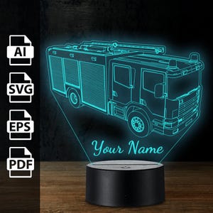 Vigile del fuoco Salvataggio Camion dei pompieri Lampada 3D personalizzata Luce a LED in acrilico / File tagliati al laser Ai, EPS, PDF, SVG
