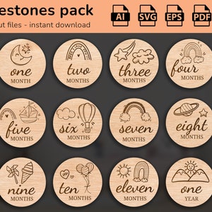 Arco iris y estrellas - 12 hitos mensuales del bebé dibujados a mano SVG | Establecido de meses a un año | Archivo de corte digital ? Marcadores fotográficos Glowforge