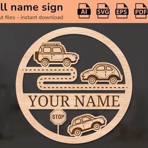 車と路線名標識車両道路ルート | 室内装飾 | レーザーカットデザイン | 子供向け | Ai、EPS、PDF、DXF