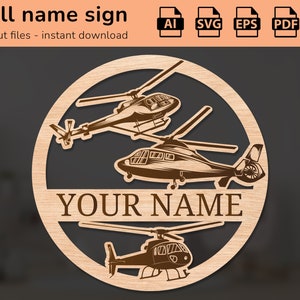 Helicópteros aeronaves voando sinal de nome da parede do berçário | decoração de interiores | desenho de corte a laser | para crianças | AI, EPS, PDF, DXF