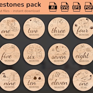 Chats mignons - 12 jalons mensuels de bébé dessinés à la main SVG | Fixé de quelques mois à un an | Fichier de coupe numérique | Marqueurs photo Glowforge