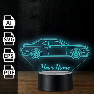 Dodge Challenger RT amerikanisches Muskelauto personalisierte 3D-Lampe Acryl-LED-Licht | Laserschnittdateien ai, eps, pdf, svg