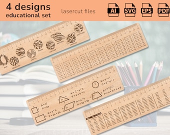 May include: Four laser-cut wooden rulers with different educational themes. The first ruler features illustrations of planets in our solar system. The second ruler has a multiplication table. The third ruler shows formulas for calculating the area and perimeter of geometric shapes. The fourth ruler has a list of words in English, French, Spanish, and German.