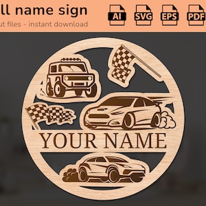 Auto da corsa nome segno veicolo percorso stradale | arredamento d'interni | disegno tagliato al laser | per bambini | Ai, EPS, PDF, DXF