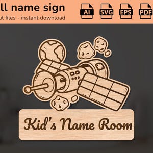 Signo del nombre del espacio de la galaxia del cohete satélite | decoración de interiores | diseño cortado con láser | para niños | Ai, EPS, PDF, DXF