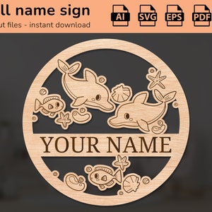 Dolphin Ocean Sea life poissons signe de nom de mur de pépinière | décoration intérieure | conception découpée au laser | pour les enfants | Ai, EPS, PDF, DXF