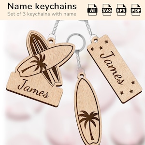 Porte-clés à breloques surf | plaque nominative personnalisée | Forge luminescente découpée au laser | IA, EPS, PDF, SVG