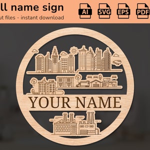 City scape cidade edifícios arranha-céus parede sinal de nome | decoração de interiores | desenho de corte a laser | para crianças | AI, EPS, PDF, DXF