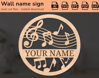 Music musical notes nursery wall name sign | interior decor | laser cut design | for kids | Ai, EPS, PDF, DXF