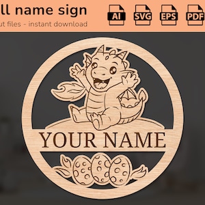Cute dragon nursery wall name sign | interior decor | laser cut design | for kids | Ai, EPS, PDF, DXF