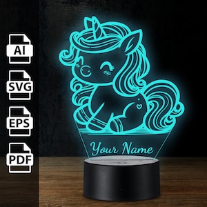 Einhorn personalisierte 3D-Lampe Acryl-LED-Licht | Laserschnittdateien ai, eps, pdf, svg