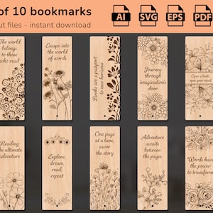 Set di 10 segnalibri floreali in formato svg Modello in legno File tagliati al laser incisi Regalo per amanti dei libri Regalo per insegnanti Glowforge
