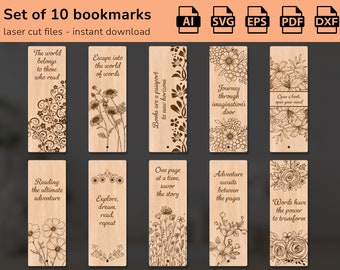 Floral bookmark bundle set of 10 svg Wooden template Engraved laser cut files Book lover gift Teacher gift Glowforge