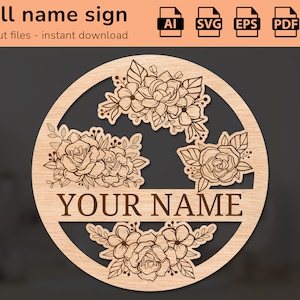 Floral nature flowers nursery wall name sign | interior decor | laser cut design | for kids | Ai, EPS, PDF, DXF