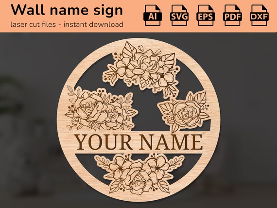 Floral nature flowers nursery wall name sign | interior decor | laser cut design | for kids | Ai, EPS, PDF, DXF