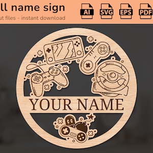 Gamepads Videospiel-Gaming-Gamer-Namensschild | Inneneinrichtung | Lasergeschnittenes Design | für Kinder | Ai, EPS, PDF, DXF