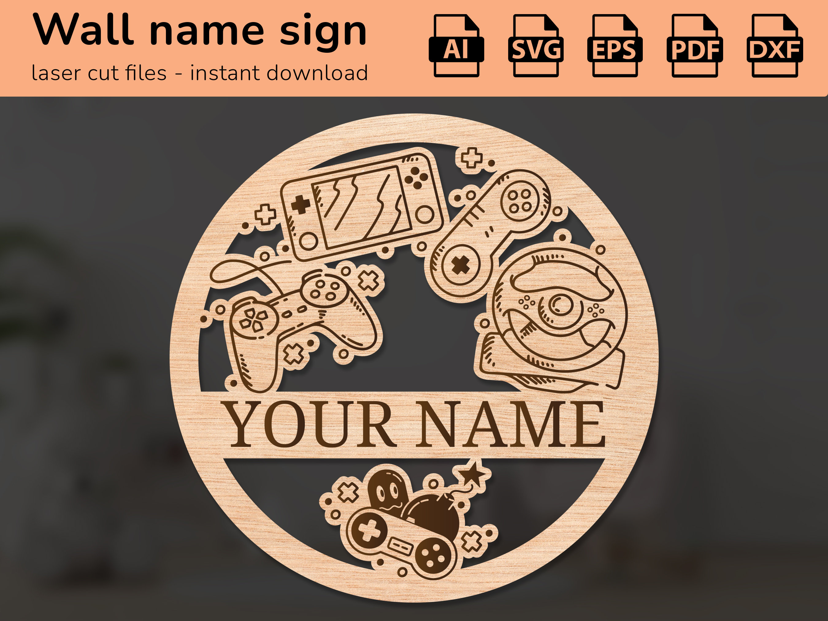 Gamer Name Sign Gamepads Video Game Gaming Gamer Name Sign | Interior Decor | Laser Cut ...
