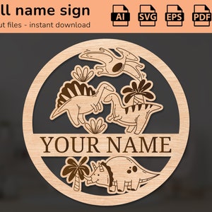 Cute happy dinosaurs nursery wall name sign | interior decor | laser cut design | for kids | Ai, EPS, PDF, DXF