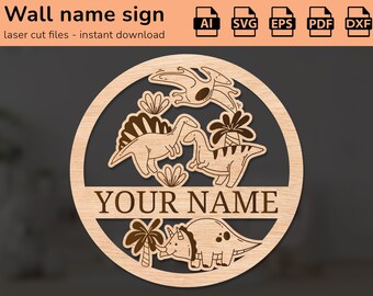 Söt glad dinosaurie väggskylt med namn på barnrum | inredning | laserskuren design | för barn | Ai, EPS, PDF, DXF