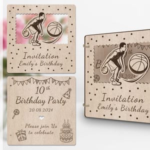 Archivo de invitación de corte láser para juego de baloncesto, juego de pelota, para cumpleaños, compromiso, baby shower, despedida de soltera, graduación, aniversario
