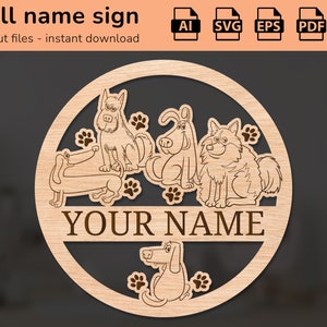 Cute cartoon dogs name sign | interior decor | laser cut design | for kids | Ai, EPS, PDF, DXF