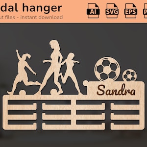 Porta medaglie da calcio per ragazze, da donna, da donna, da parete, per premi, con nome / decorazione d'interni / design tagliato al laser / per bambini / Ai, EPS, PDF