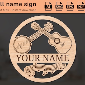 Muurnaambordje voor banjo klassieke gitaarband | interieurdecoratie | lasergesneden ontwerp | voor kinderen | AI, eps, pdf, dxf
