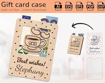 May include: A wooden gift card holder with a cutout design of a coffee cup and mustache. The holder has a slot for a gift card and a space for a personalized message. The text "Best wishes! Stephany" is engraved on the holder.