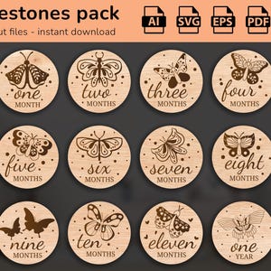 Mariposas - 12 hitos mensuales del bebé dibujados a mano SVG | Establecido de meses a un año | Archivo de corte digital ? Marcadores fotográficos Glowforge