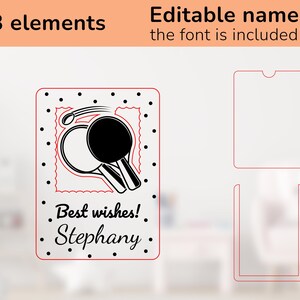 Pu&ograve; includere: Un design stampabile per un biglietto con due racchette da ping pong e il testo "Auguri! Stephany".