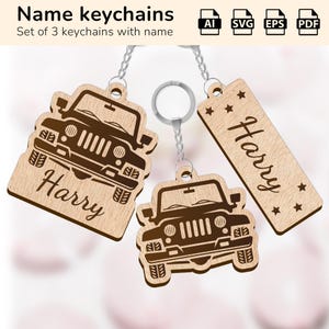 May include: Set of three wooden keychains featuring a Jeep silhouette and the name "Harry". One keychain has the name on a rectangular tag, while the other two have the name below the Jeep image.