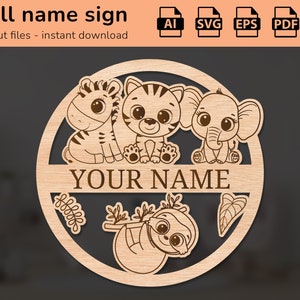 Schattige dieren safari naambordje | interieurdecoratie | lasergesneden ontwerp | voor kinderen | Ai, EPS, PDF, DXF