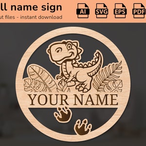 Cute T-rex dinosaur nursery wall name sign | interior decor | laser cut design | for kids | Ai, EPS, PDF, DXF