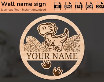 Söt väggskylt med T-rex-dinosaurie och barnrumsnamn | inredning | laserskuren design | för barn | Ai, EPS, PDF, DXF
