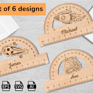 Righello protactor file tagliato al laser per bambini scuola insegnante svg / pdf / ai / eps File nome inciso segnalibro regalo fai da te modelli righello per bambini